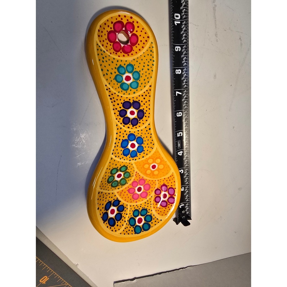 Hand Painted Ceramic Spoon Rest Yellow Floral Dot Art Terracotta Glossy Glaze - Picture 4 of 6